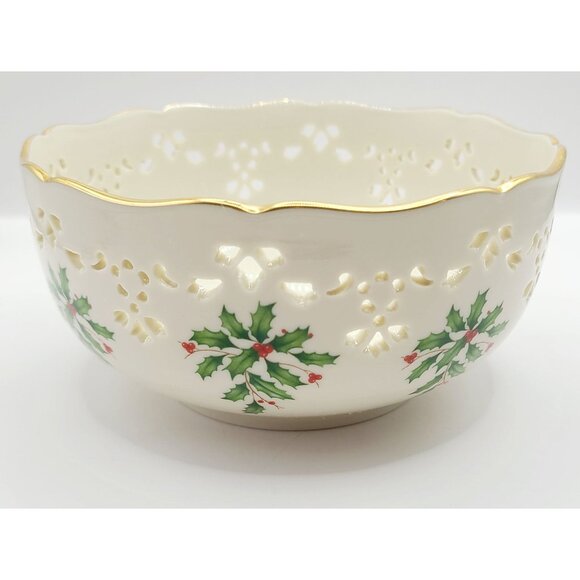 Lenox Other - Lenox Holiday Holly Berry Ivory Porcelain Pierced Bowl w/ Gold Trim Made in USA